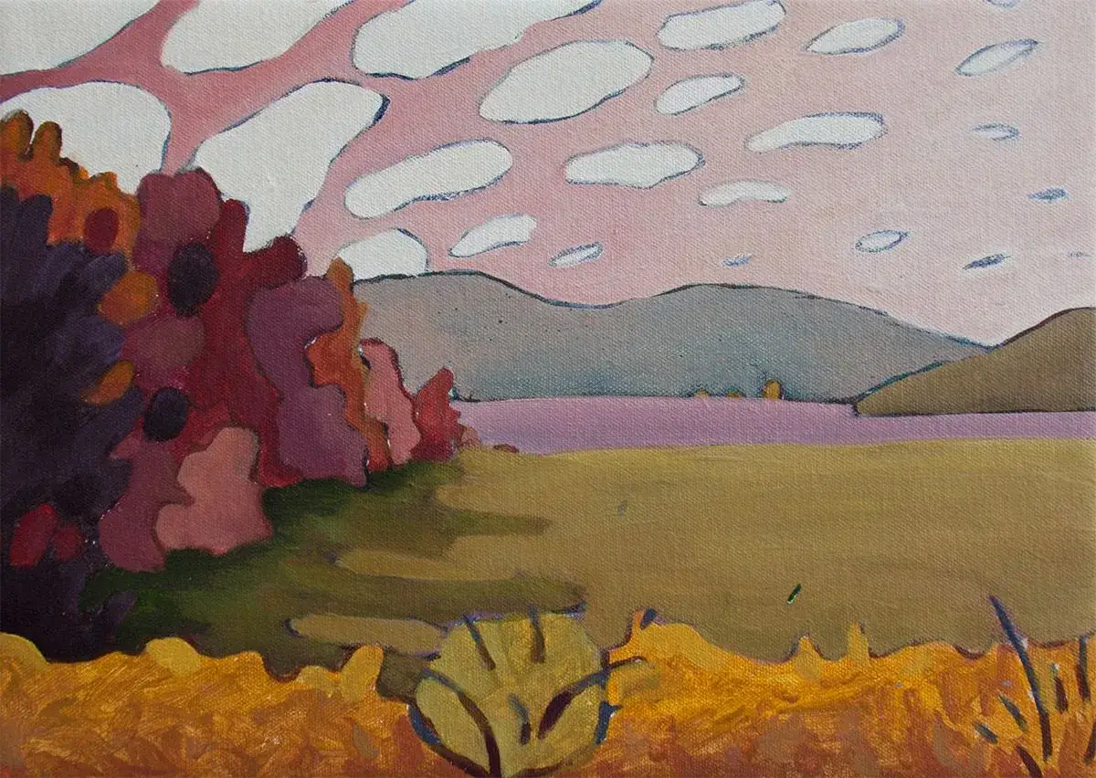 A stylized landscape painting with a pink sky filled with white, blue-outlined clouds. A cluster of dark red and purple foliage is on the left, with rolling hills and a purple body of water in the distance. The foreground is a golden field, reminiscent...