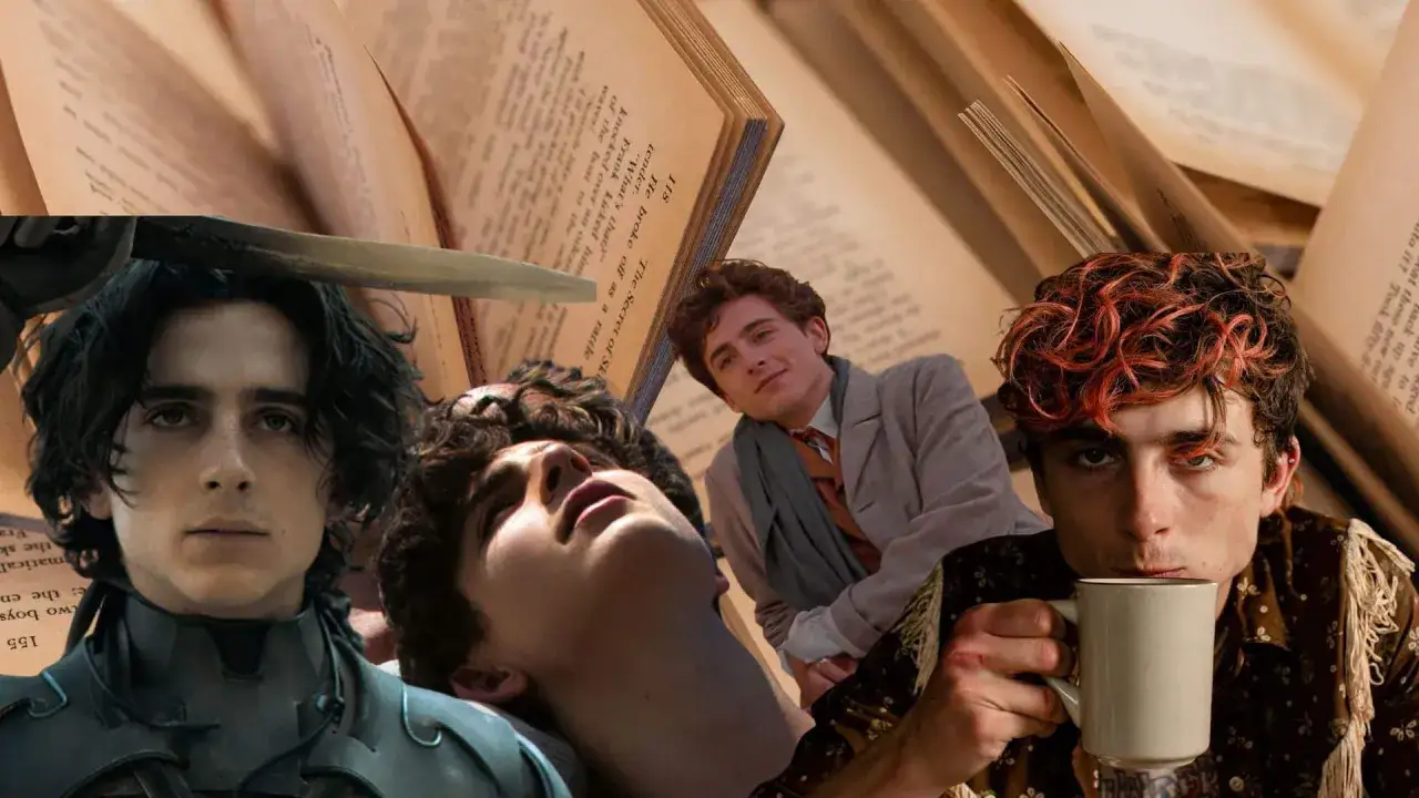 Collage med scener från filmer med Timothée Chalamet, omgiven av öppna böcker.