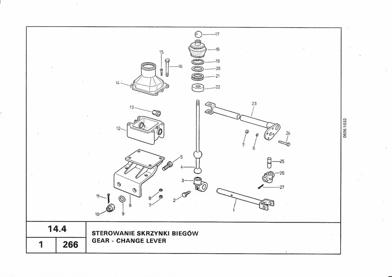 Schemat przedstawia części mechanizmu sterowania skrzynią biegów, w tym lewarek zmiany biegów, obudowę i drążki.