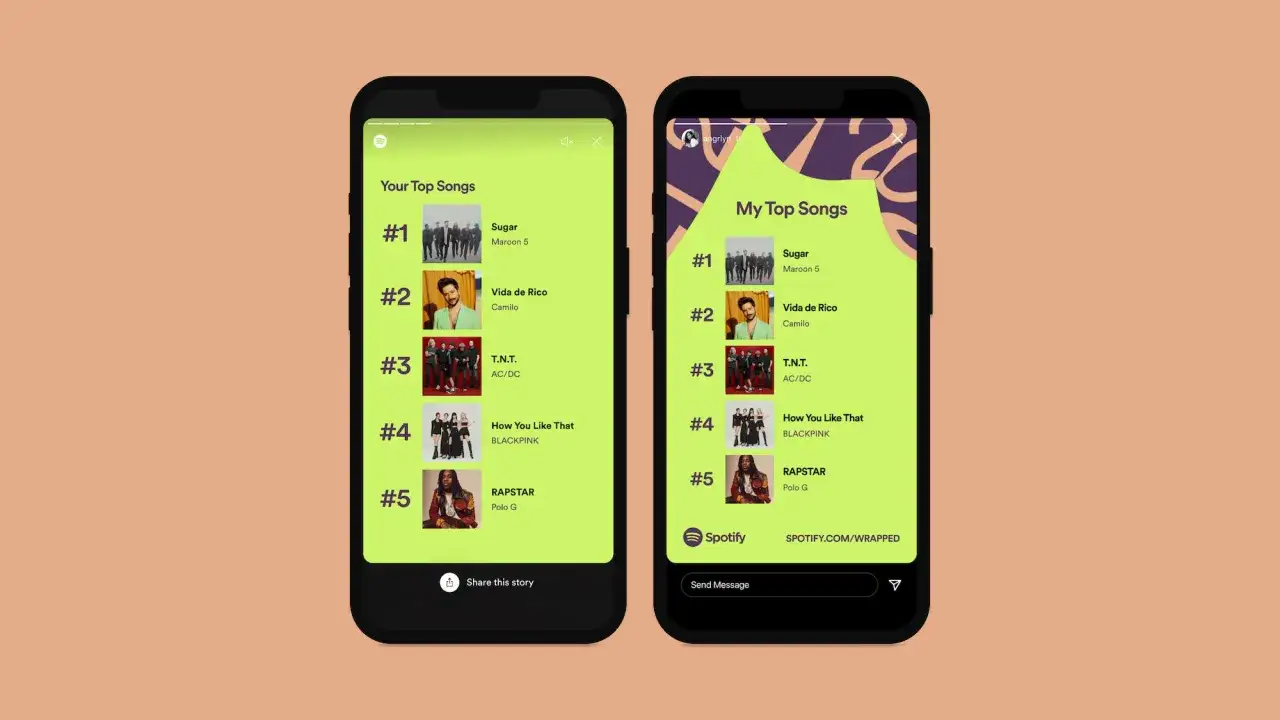 Two phone screens show Spotify Wrapped top songs. Don't miss the spotify wrapped deadline to share your music taste!