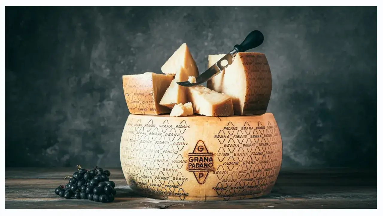 Formaggi Grana Padano, con coltello e grappolo d'uva. Le propriet&agrave; del Grana Padano sono molteplici.