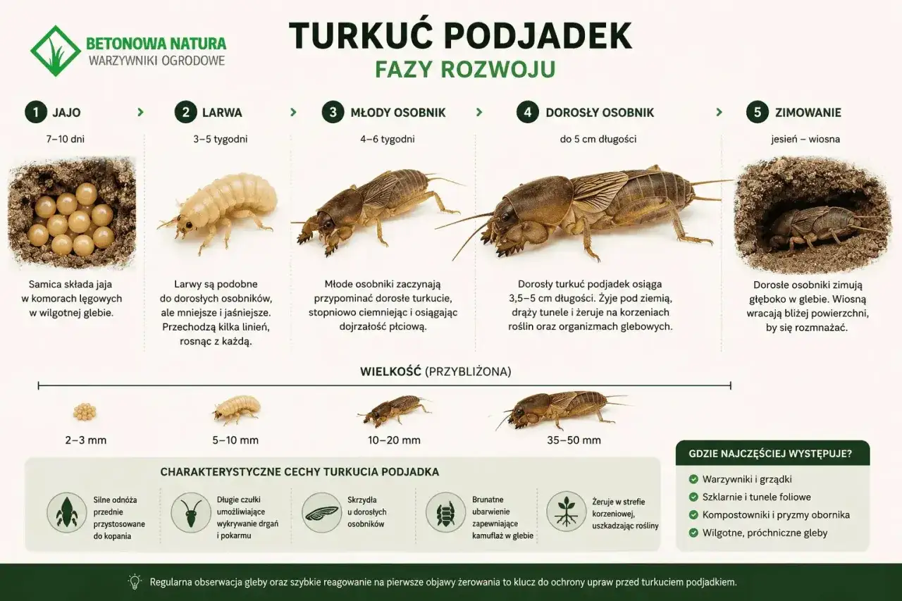 Larwa turkucia podjadka, podobna do dorosłego, ale mniejsza i jaśniejsza, przechodzi linienia, rosnąc.