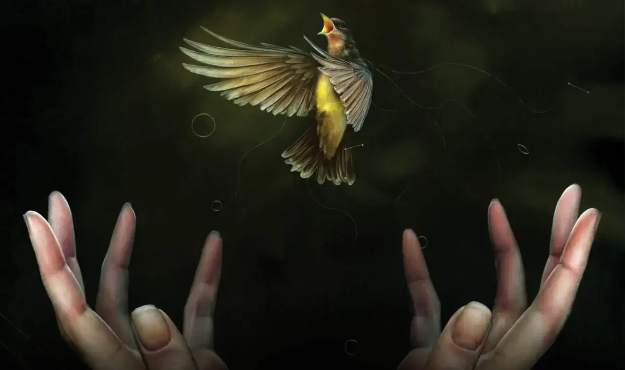 Ptak w locie, jak z **imagine dragons smoke + mirrors utwory**, uwięziony nićmi, nad dłońmi.