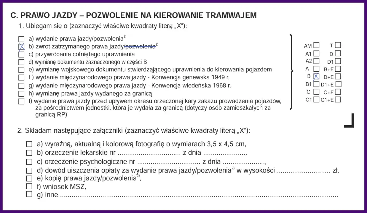 Formularz wniosku o zwrot zatrzymanego prawa jazdy. Zaznaczono kategorię B. To pierwszy krok, jak odzyskać prawo jazdy.