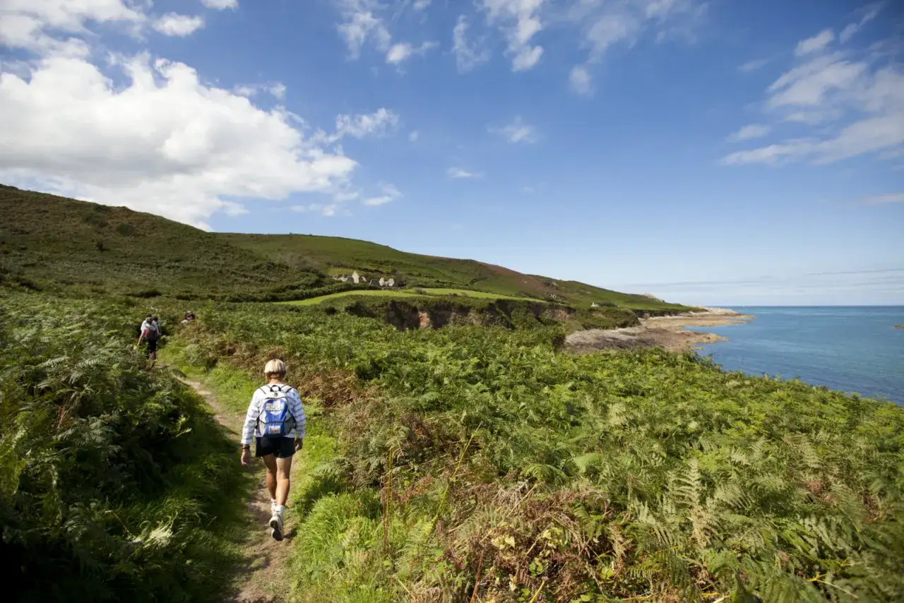 Randonneurs sur le sentier des douaniers du Cotentin, une carte idéale pour explorer la côte sauvage et ses falaises verdoyantes.
