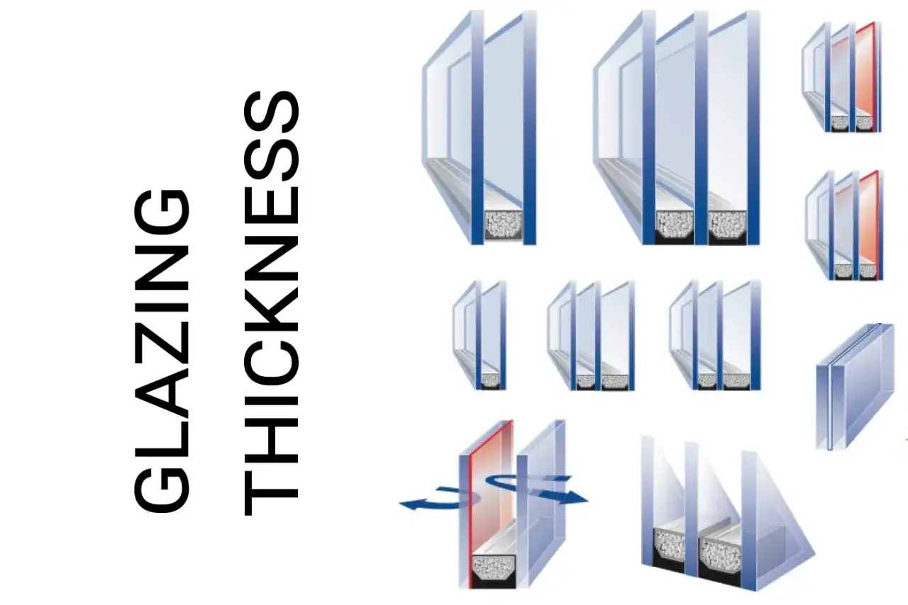 Ilustraciones de diferentes grosores de cristal, mostrando unidades de doble y triple panel con espacios de aire.