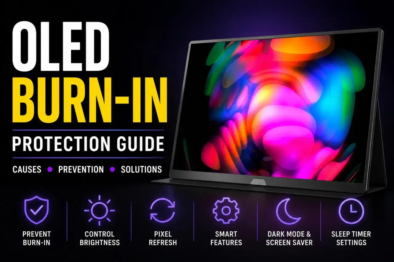 OLED Burn-In Schutzratgeber: Ursachen, Pr&auml;vention und L&ouml;sungen. Icons zeigen: Burn-In verhindern, Helligkeit kontrollieren, Pixel-Refresh, Smart Features, Dark Mode, Sleep Timer.