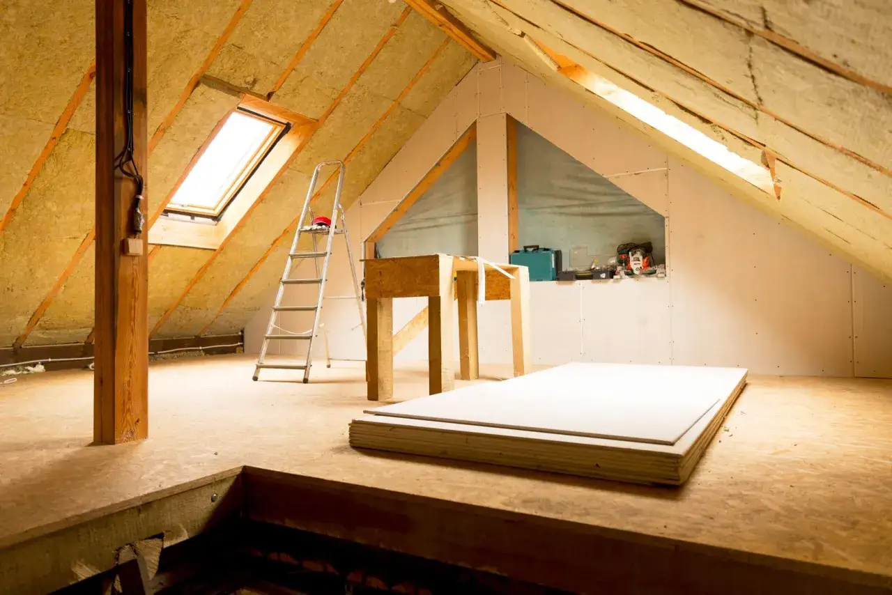 Am&eacute;nagement d'un grenier avec un plafond cath&eacute;drale en bois, isolation visible, &eacute;chelle et mat&eacute;riaux de construction.