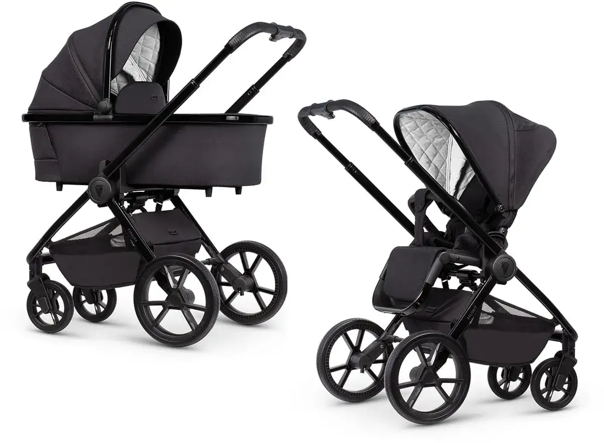 Stylowy czarny wózek dziecięcy Venicci Edge z gondolą i spacerówką. Elegancki design i komfort dla malucha.