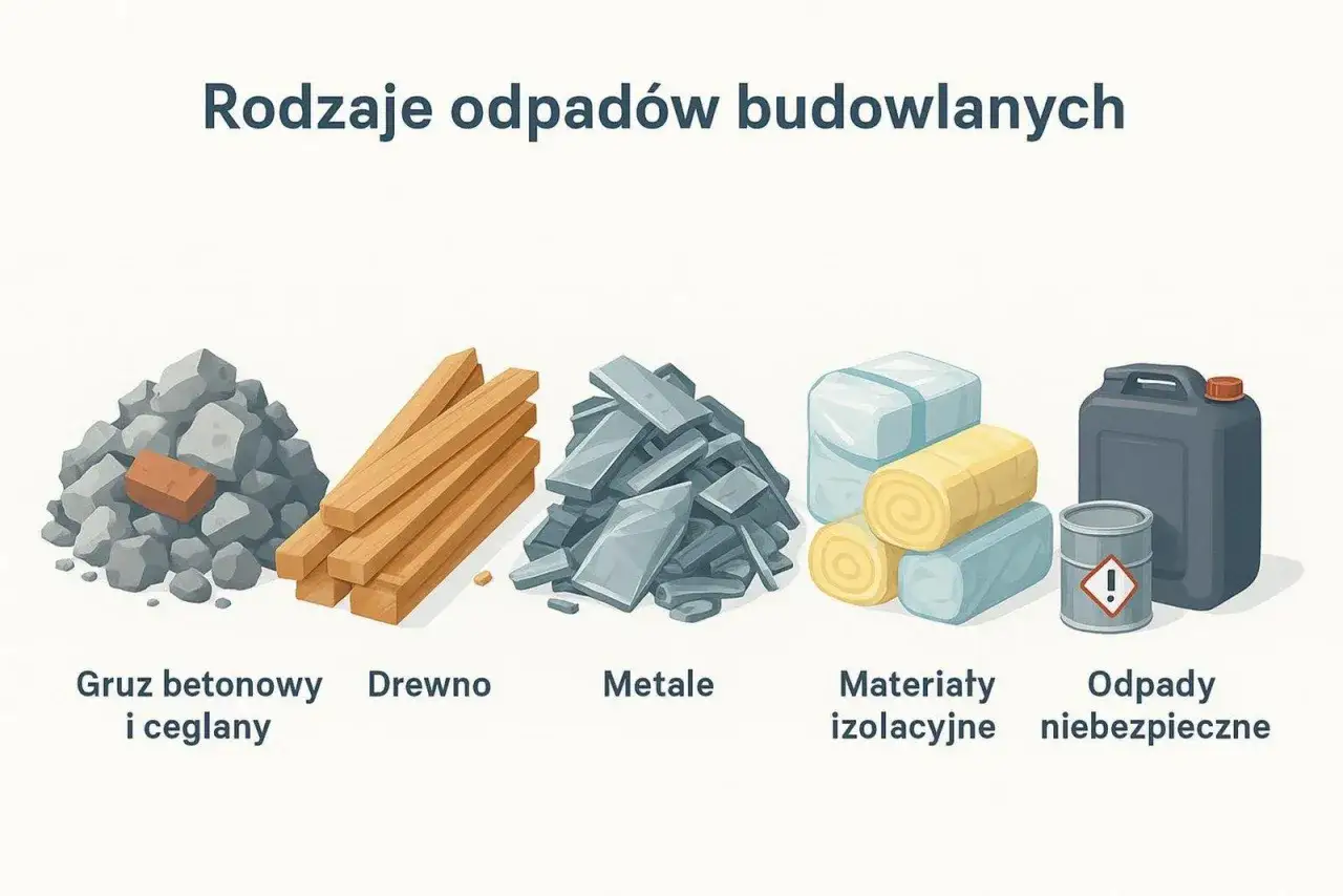 Rodzaje odpadów budowlanych: gruz, drewno, metale, materiały izolacyjne i odpady niebezpieczne (np. z datą 17 06 04 kod odpadu).