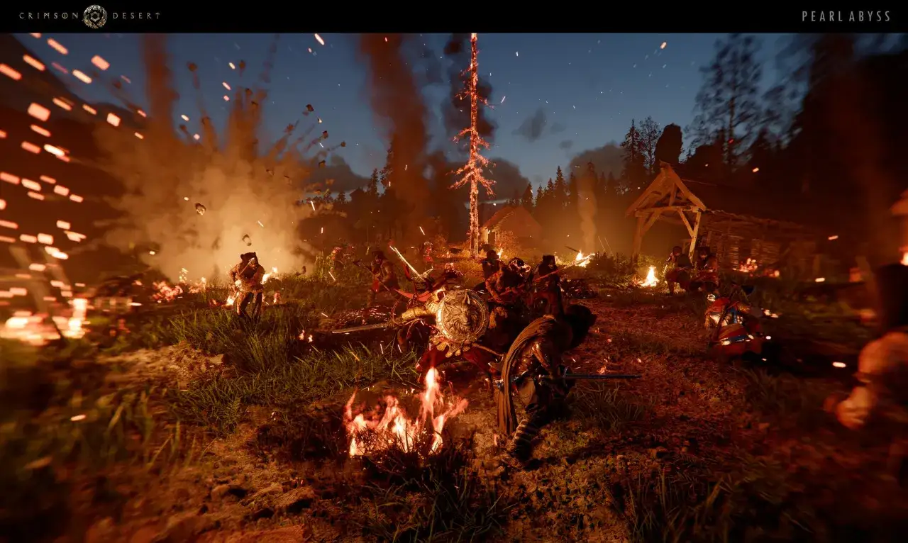 Guerreros luchan en un paisaje de **crimson desert denuvo**, con explosiones y un árbol en llamas.
