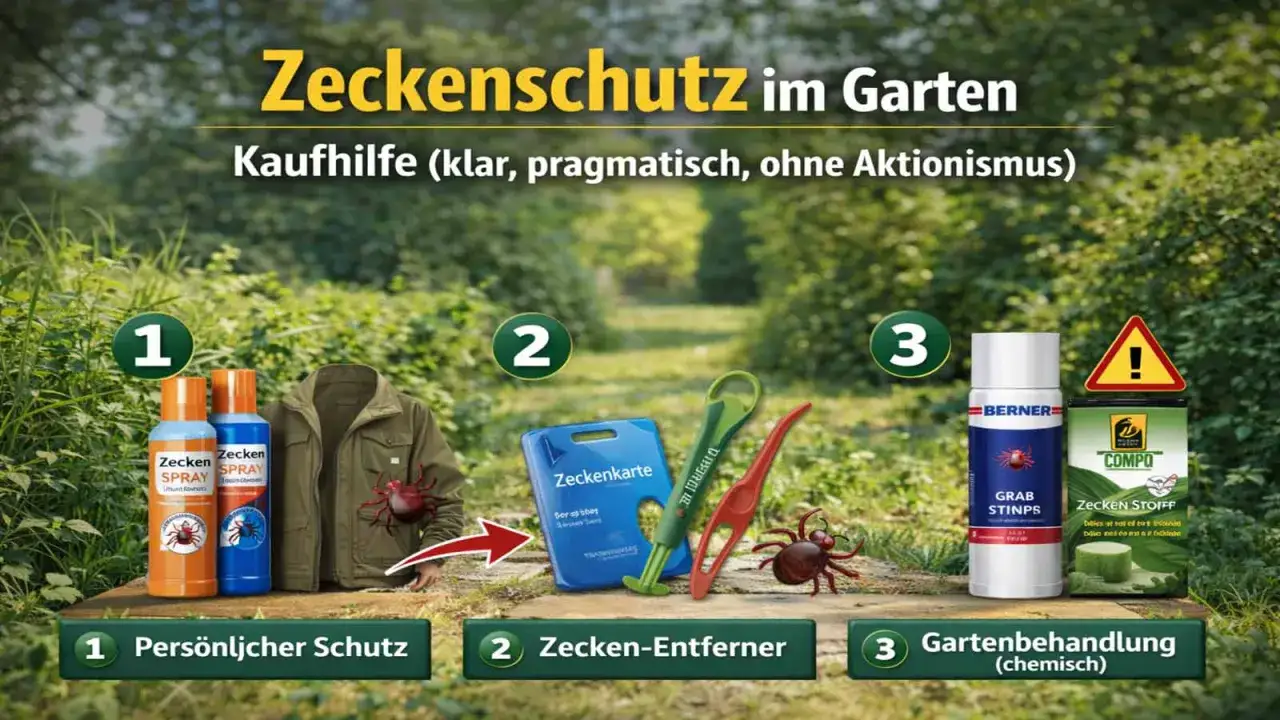 Schutz vor Zecken im Garten: Sprays, Zeckenkarte, Entferner und chemische Mittel. Welche Pflanzen vertreiben Zecken? Das Bild zeigt Produkte, keine Pflanzen.