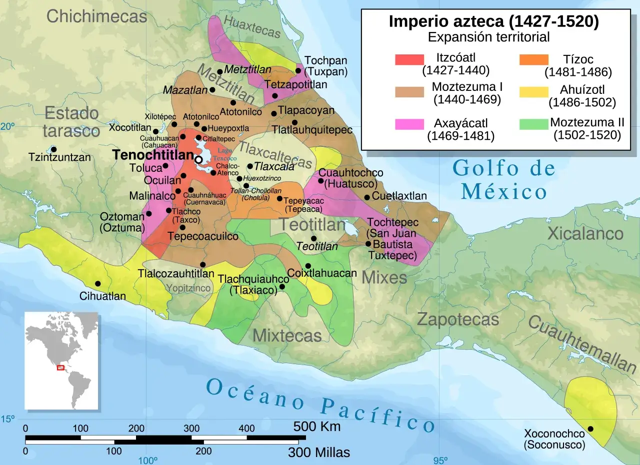 Mapa pokazuje ekspansję Imperium Azteków od 1427 do 1520 roku, z zaznaczonymi podbojami poszczególnych władców.