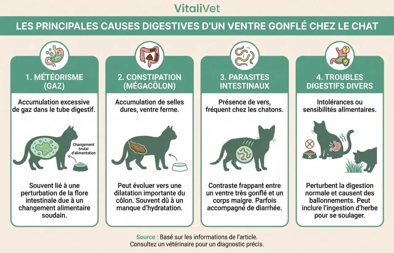 Infographie expliquant les causes d'un ventre gonflé chez le chat : gaz, constipation, parasites, ou troubles digestifs. Une tumeur peut aussi en être la cause.