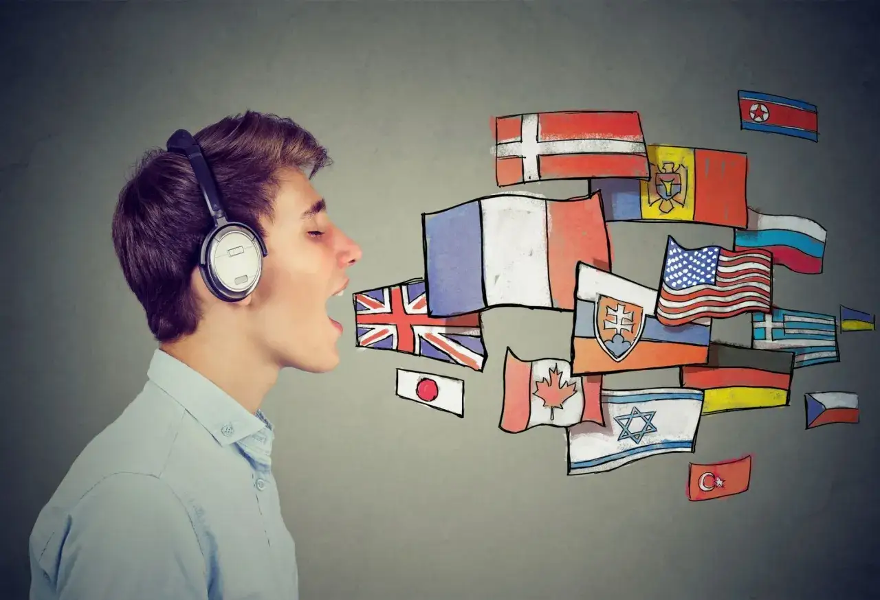 Joven con auriculares habla, rodeado de banderas de países, simbolizando los beneficios de aprender idiomas y la comunicación global.