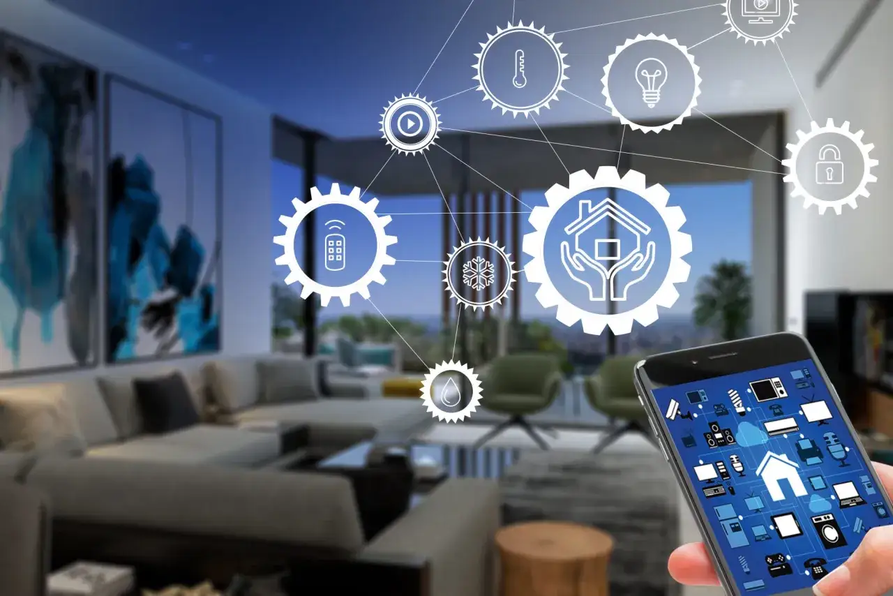 Ein Smartphone steuert das vernetzte Zuhause: was ist ein smarthome? Icons f&uuml;r Licht, Heizung, Sicherheit & mehr.
