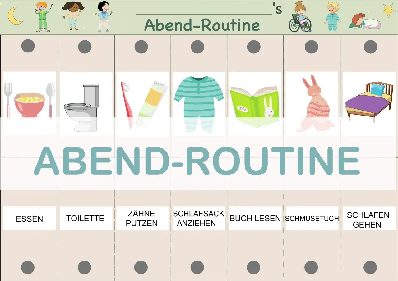 Abend-Routine für 6-Jährige: Essen, Toilette, Zähneputzen, Anziehen, Buch lesen, Kuscheltuch, Schlafen gehen. Der Schlafbedarf ist wichtig.