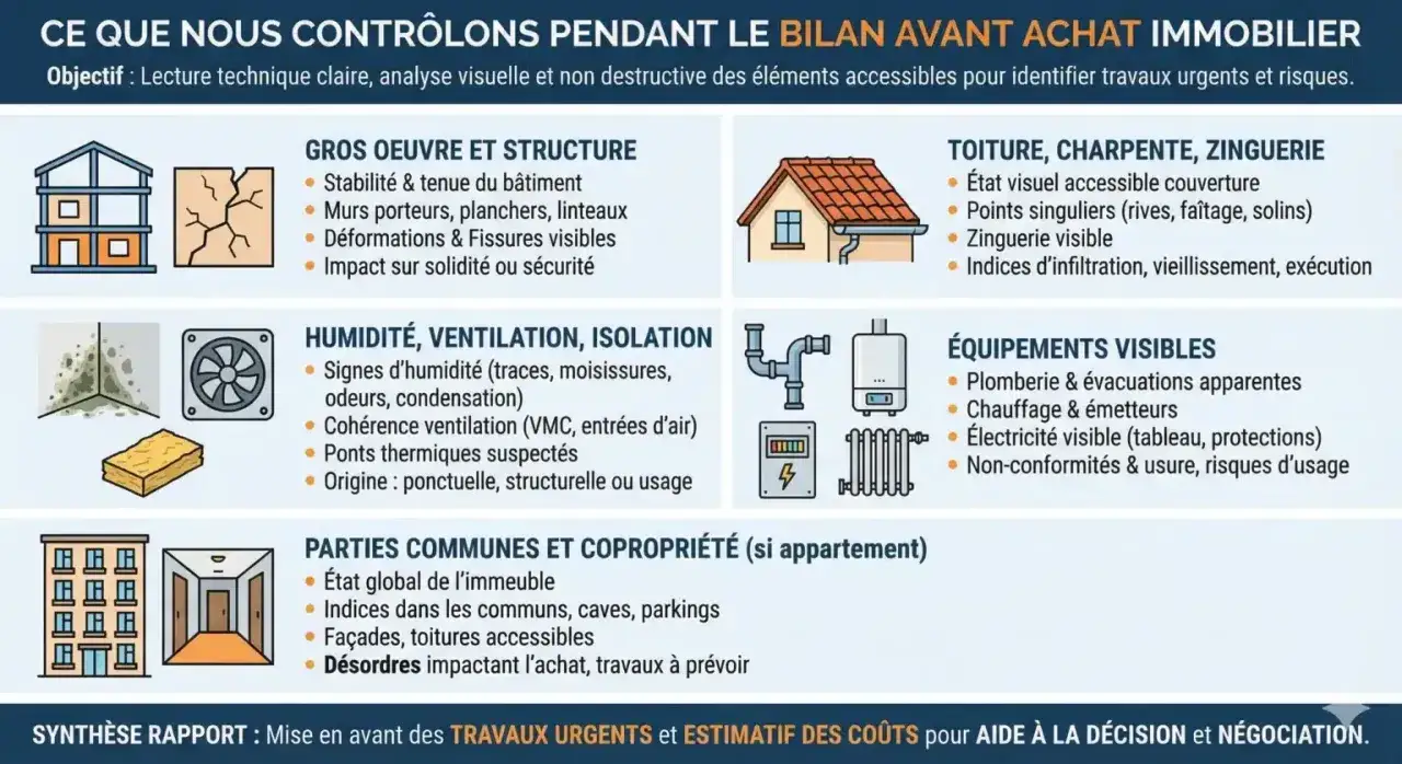 Bilan avant achat immobilier : contrôle structure, humidité, toiture, équipements, parties communes. Aide à la décision et négociation suite à une contre visite.