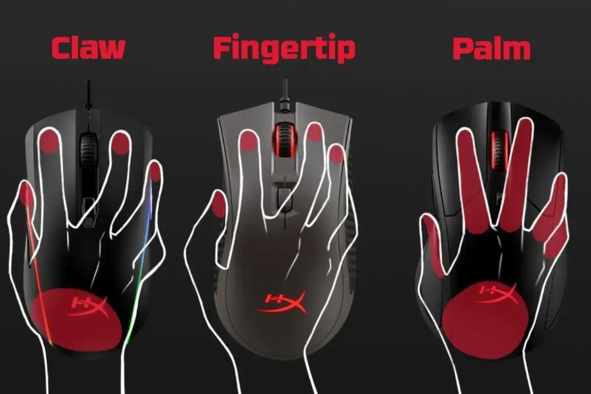 Comment choisir sa souris gamer : trois prises en main (Claw, Fingertip, Palm) illustr&eacute;es sur des souris.