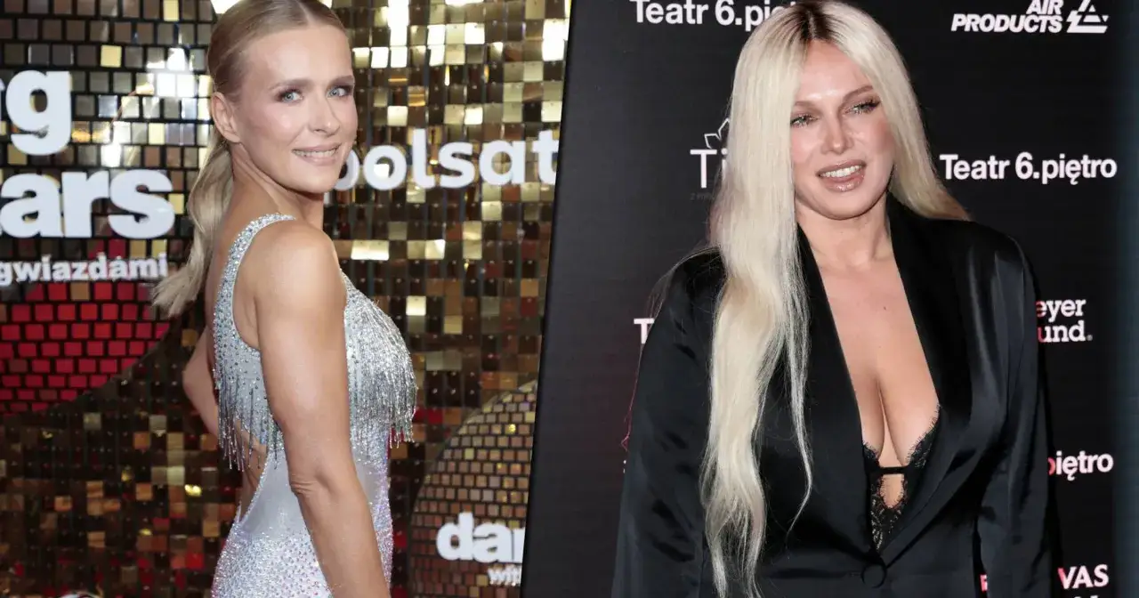 Dwie kobiety na ściance. Po lewej uśmiechnięta blondynka w srebrnej sukni, po prawej kobieta z długimi blond włosami w czarnym stroju. Obie wyglądają jak najładniejsze dziewczyny na świecie.