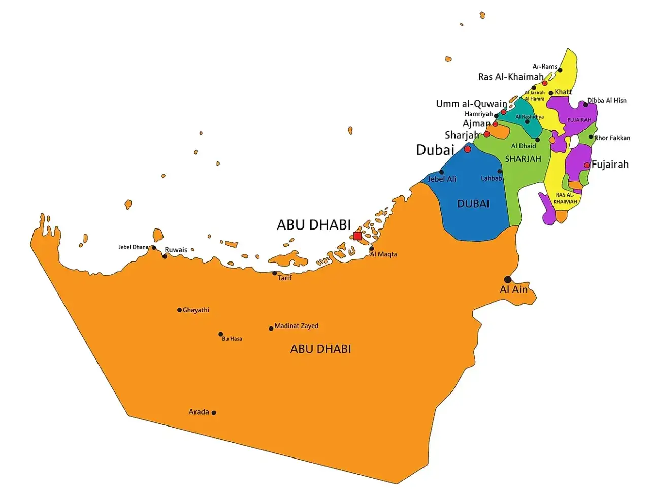 Mapa Zjednoczonych Emiratów Arabskich z zaznaczonymi emiratami. Gdzie jest Dubaj? Widać go na niebiesko, obok Szardży i Abu Zabi.