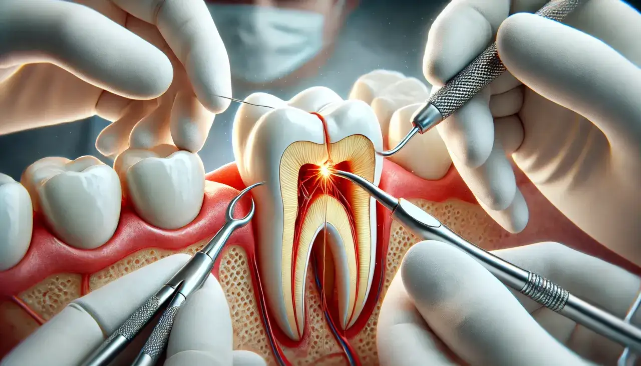 Precyzyjna resekcja zęba. Dentysta w rękawiczkach usuwa tkankę z wnętrza zęba za pomocą narzędzi.