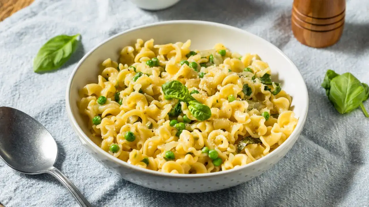 Un piatto invitante di pasta e piselli cremosa, guarnito con basilico fresco e parmigiano grattugiato.