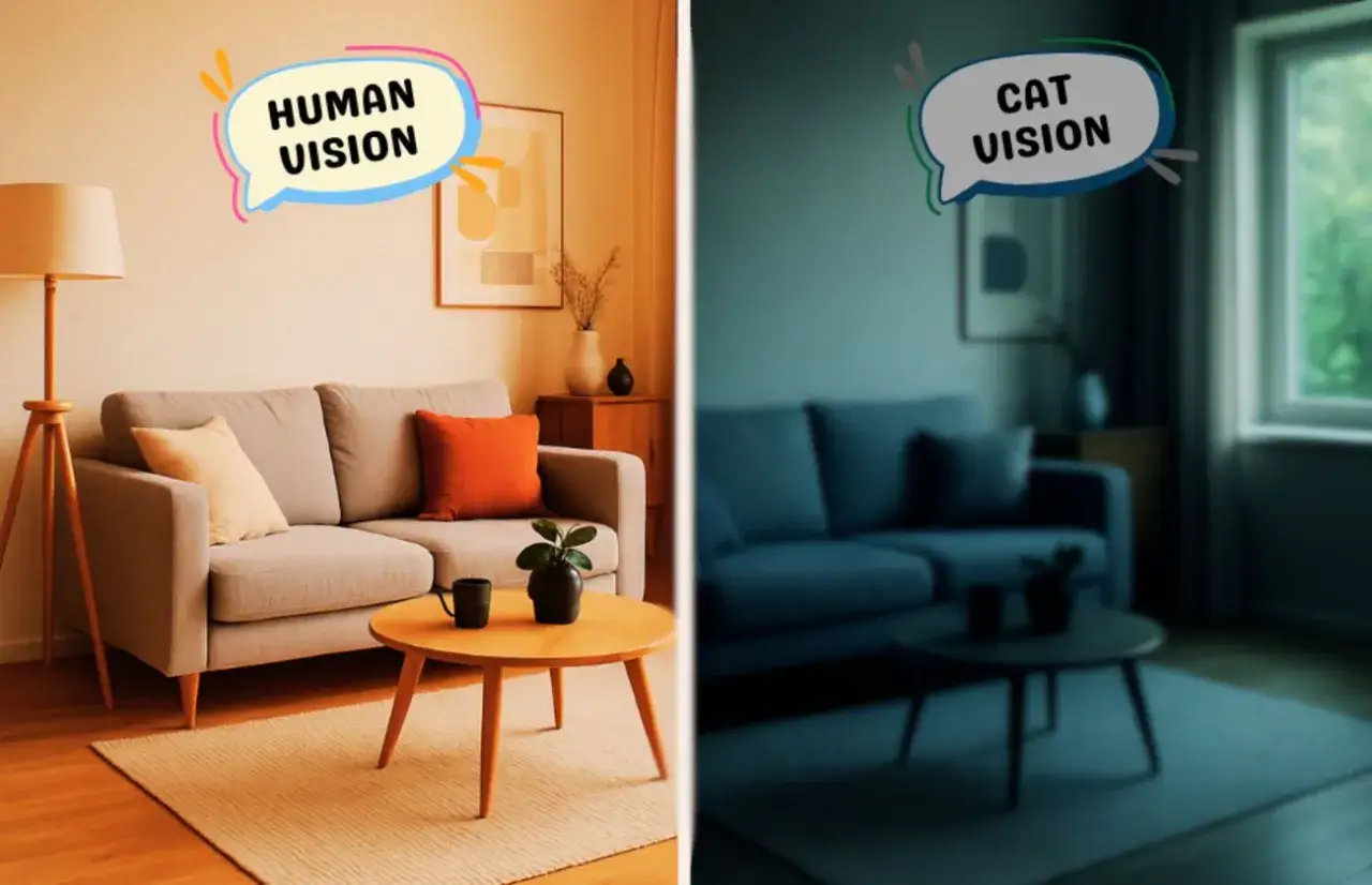 Comparación de la visión humana y felina: la izquierda muestra una sala de estar con colores vivos, la derecha, como la ven los gatos, con tonos más oscuros y menos detalle.