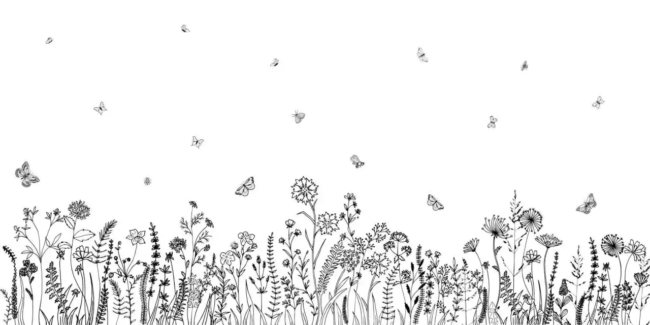 Un dessin champ&ecirc;tre de fleurs sauvages et de papillons, simple et po&eacute;tique.