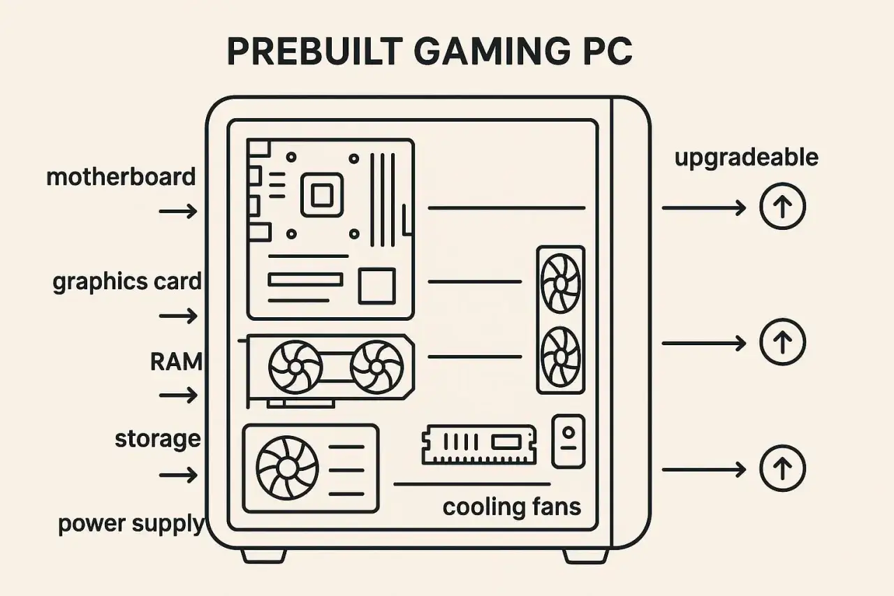 Schema eines aufgerüsteten Gaming-PCs von innen. Zeigt Motherboard, Grafikkarte, RAM, Speicher, Netzteil und Lüfter. Alles ist aufrüstbar.