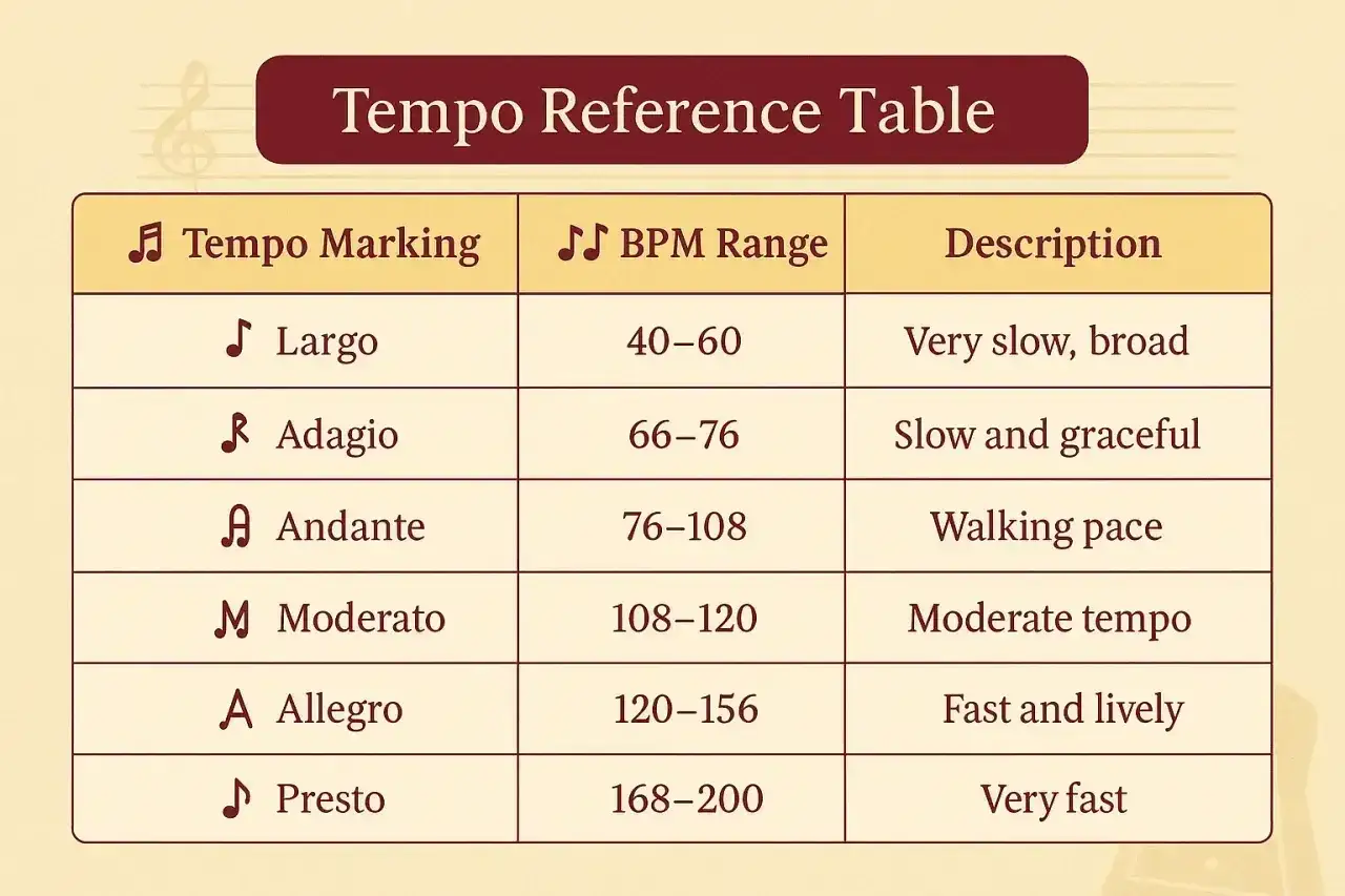 Tabela temp muzycznych. Largo to co to znaczy? Bardzo wolno, szeroko (40-60 BPM).