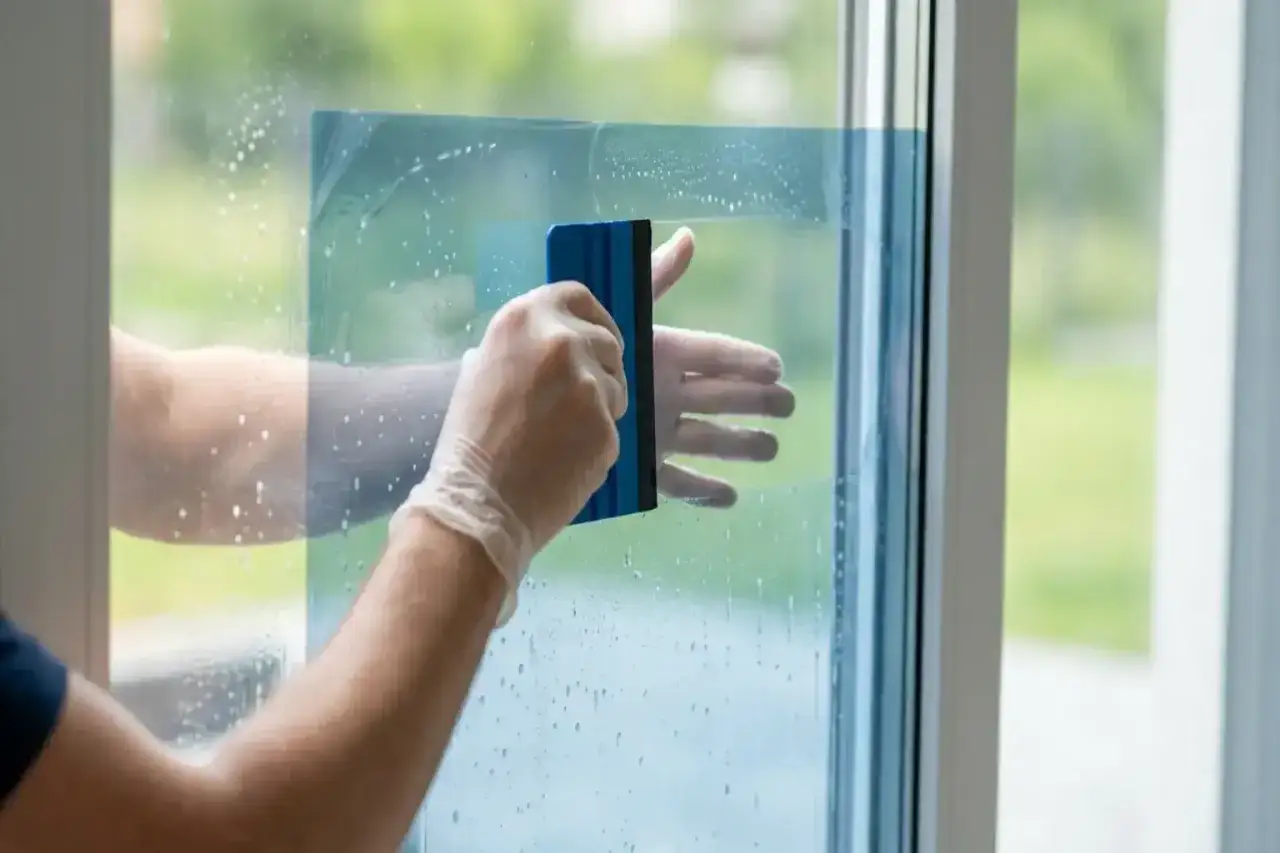 Hände mit Handschuhen glätten eine sonnenschutzfolie an einem Fenster, um Blasen zu entfernen.