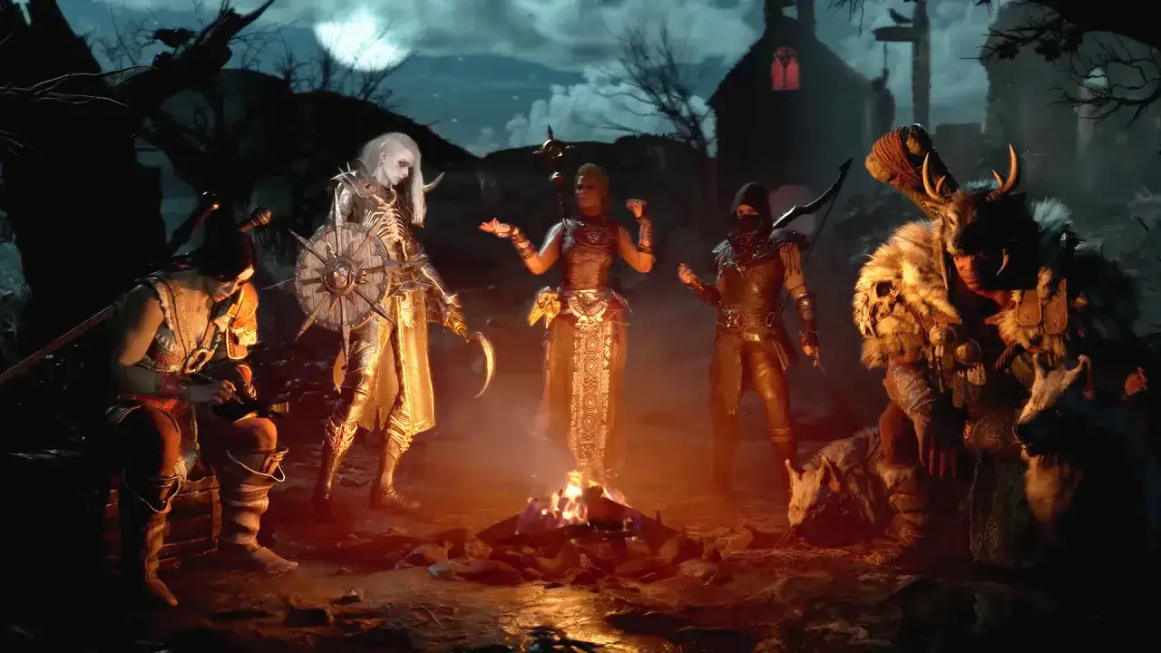 Cinco aventureros se reúnen alrededor de una hoguera en la noche, listos para la mejor clase de Diablo 4.