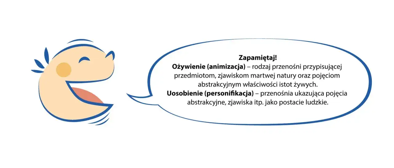 Uśmiechnięta buźka wyjaśnia pojęcie personifikacji, czyli nadawania cech ludzkich abstrakcyjnym ideom.