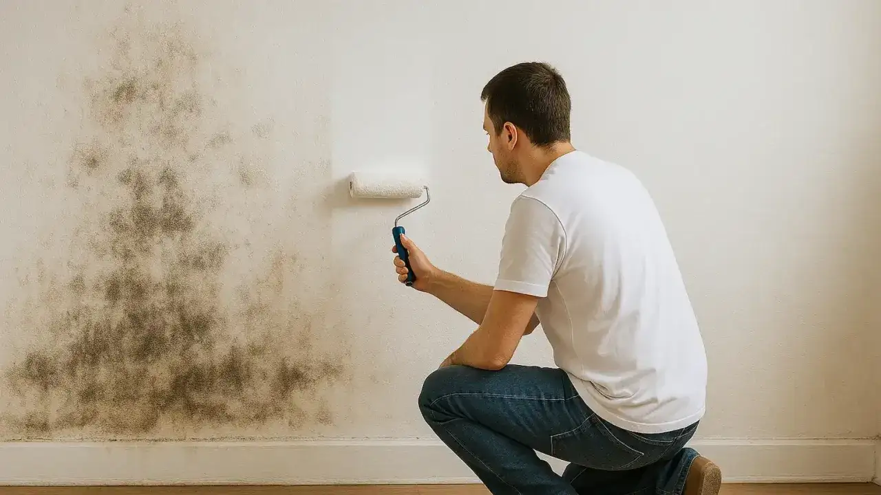 Hombre pintando una pared con rodillo, cubriendo manchas de moho.