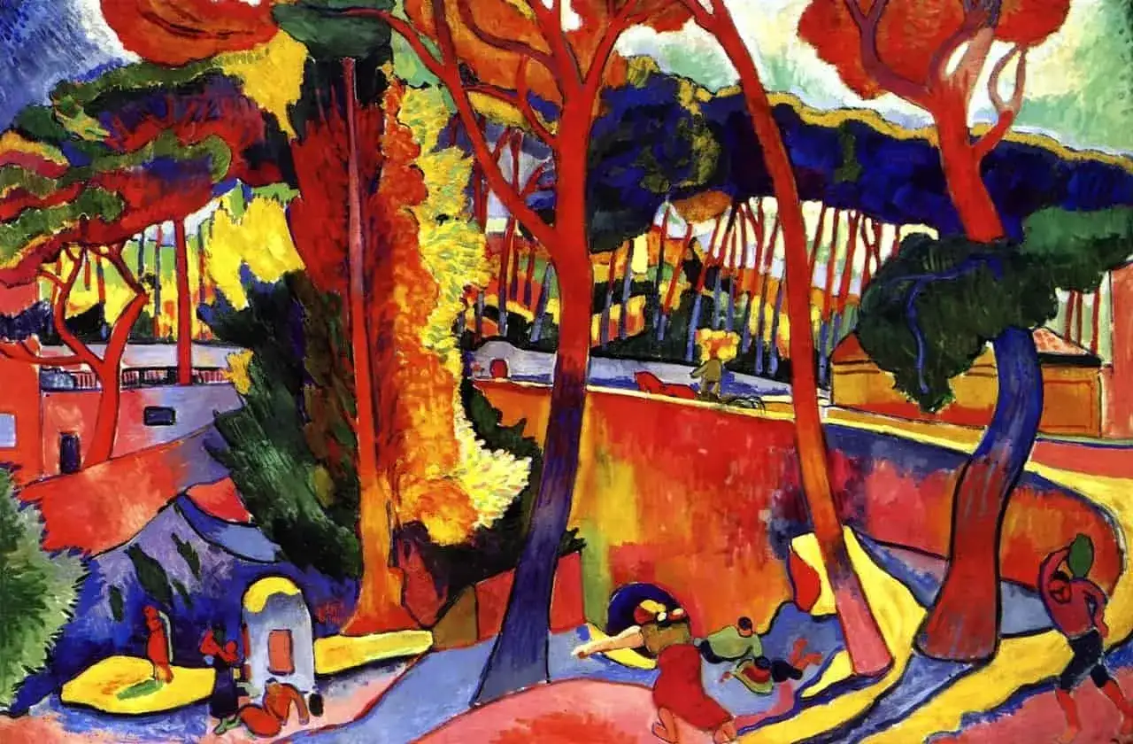 Paysage vibrant aux arbres rouges et bleus, une sc&egrave;ne de le fauvisme henri matisse. Des figures humaines dansent dans ce d&eacute;cor color&eacute;.