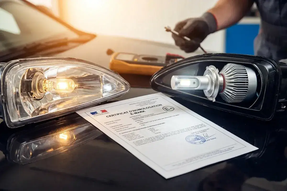 Certyfikat E-MARK obok reflektora z żarówką LED i tradycyjną. Czy żarówki postojowe LED są legalne? Sprawdź homologację.