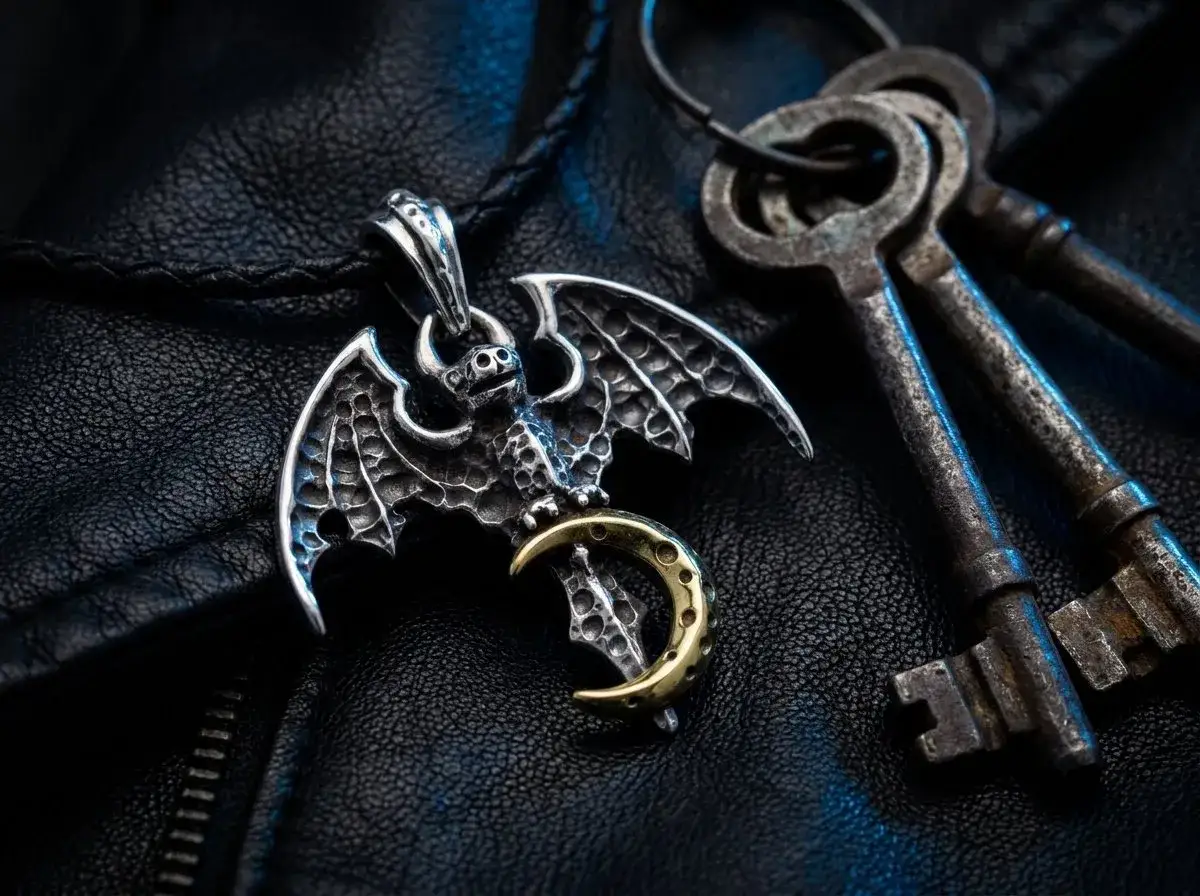 Pendentif chauve-souris symbolique en argent, tenant une lune dorée, posé sur du cuir noir avec des clés anciennes.