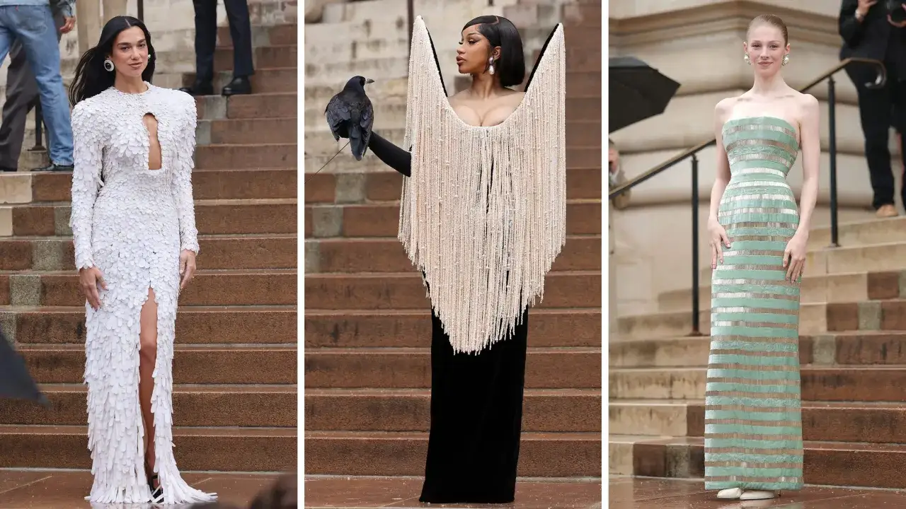 Dua Lipa, Cardi B with a raven, and a model in a green striped dress, showcasing Daniel Roseberry's avant-garde designs.