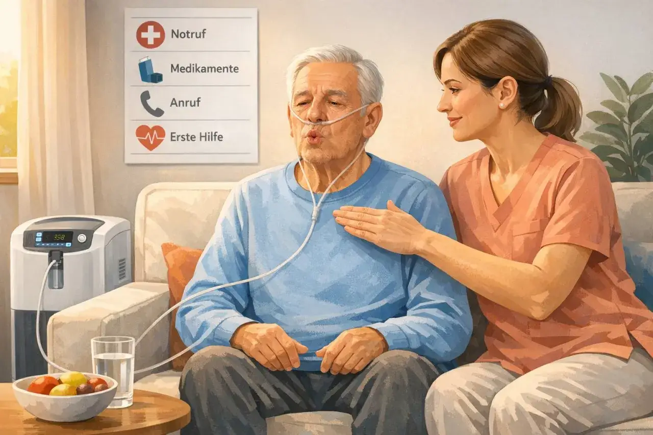 Ein Mann mit COPD und Sauerstoffgerät erhält liebevolle Pflege. Eine Pflegerin legt ihm beruhigend die Hand auf die Brust.