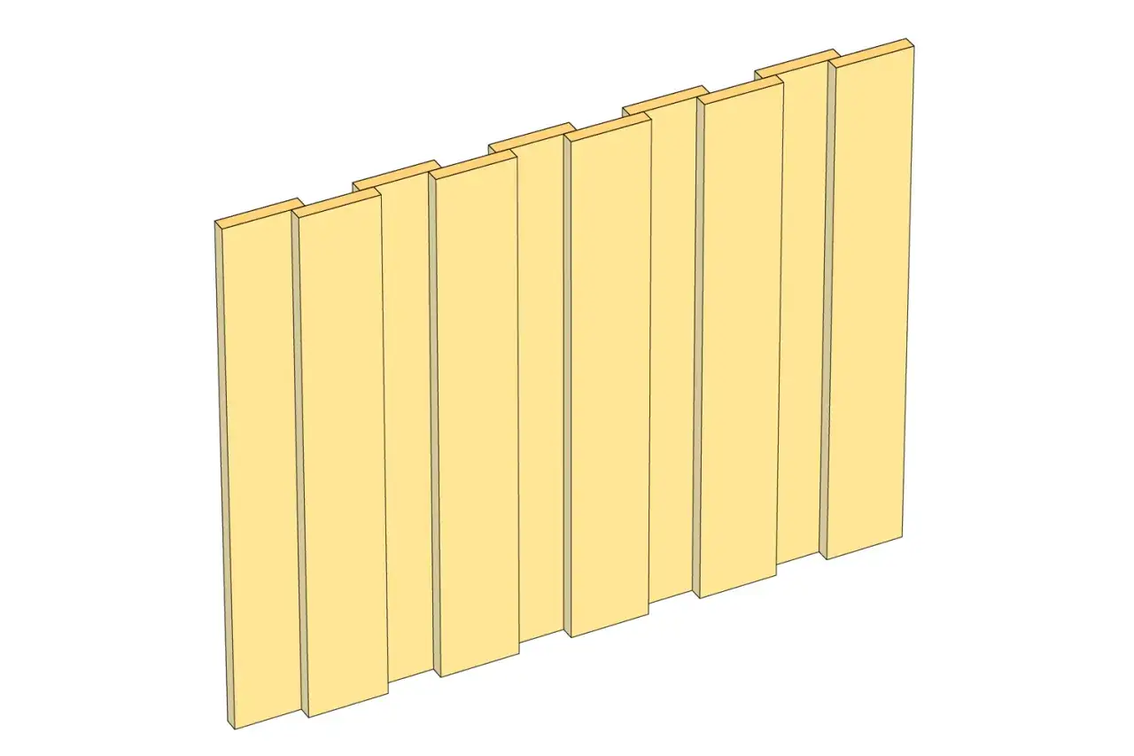 En v&auml;gg av ljusgula lockpaneler som spikas upp. Panelen har en &ouml;verlappande profil.