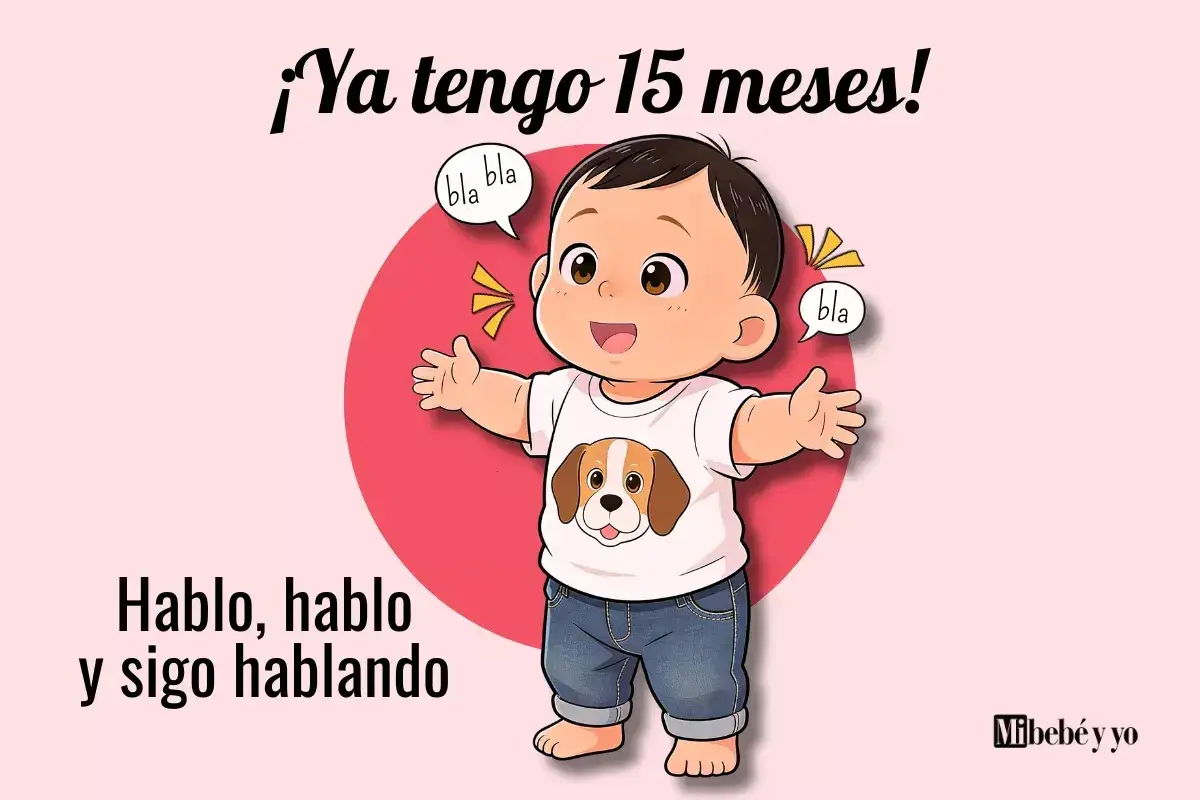 Un bebé de 15 meses, con camiseta de perro, dice