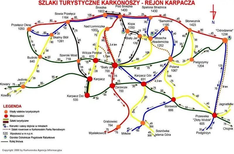 Mapa szlaków na Śnieżkę z Karpacza