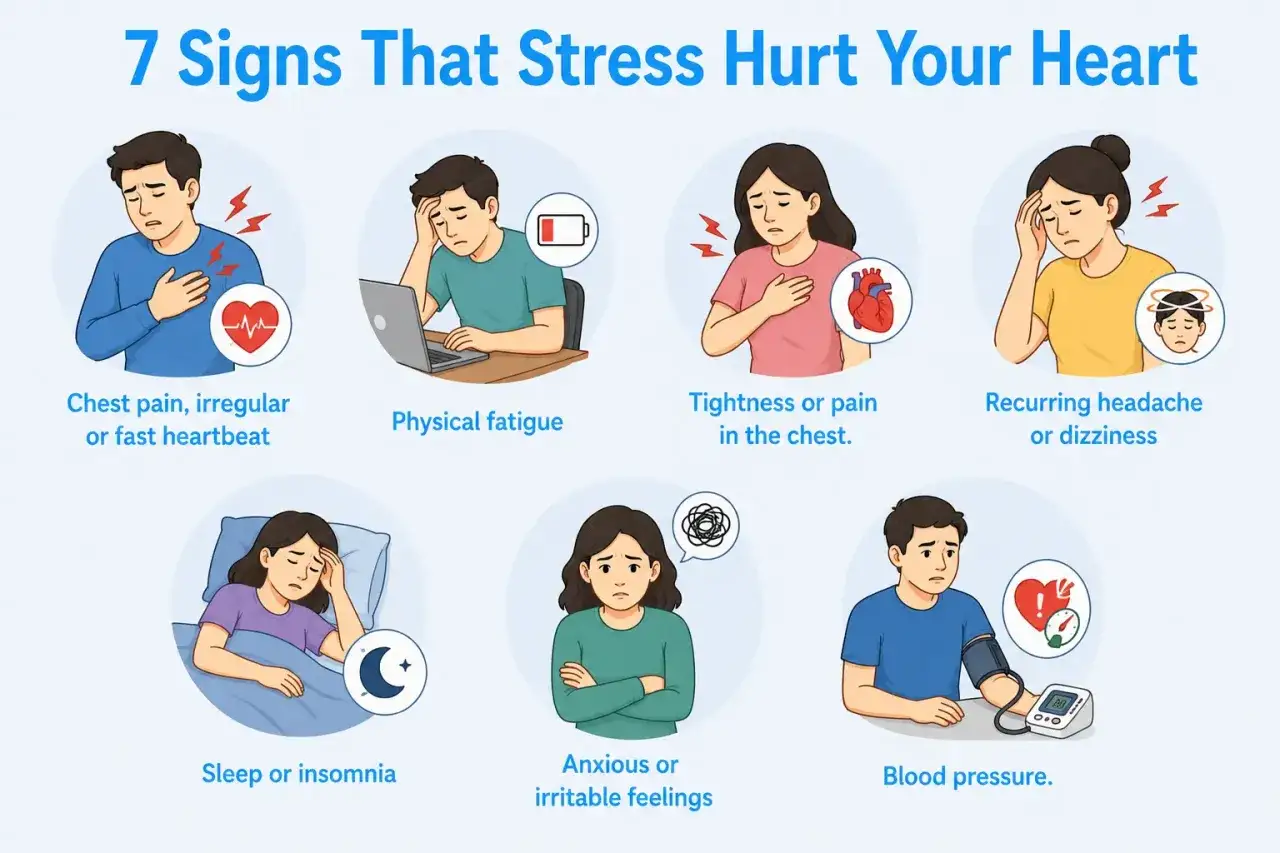 Sintomi infarto da stress: dolore al petto, stanchezza fisica, mal di testa, insonnia, ansia, pressione alta.