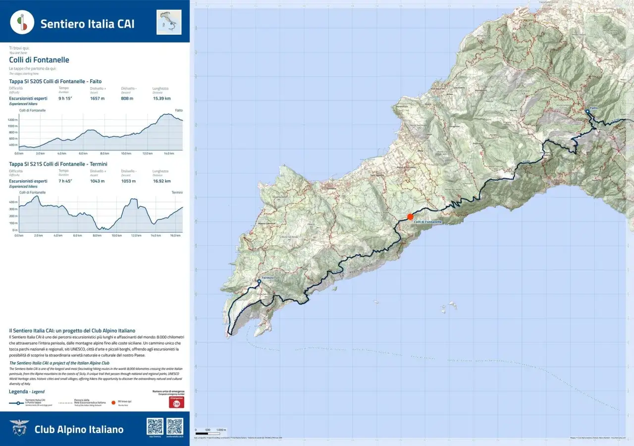 Mappa del Sentiero Italia CAI con percorsi escursionistici che attraversano montagne e borghi, evidenziando le tappe da Colli di Fontanelle.
