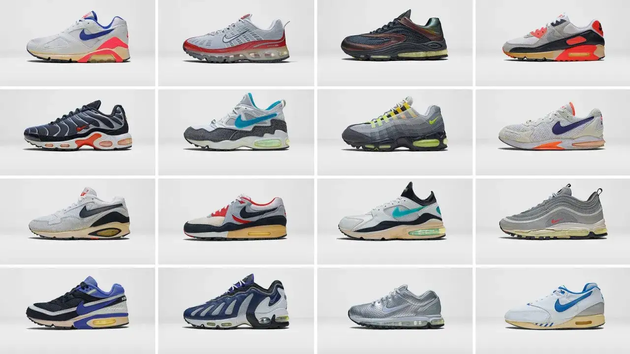 Kolekcja klasycznych, **nike air max stare modele** w różnych kolorach i fasonach.