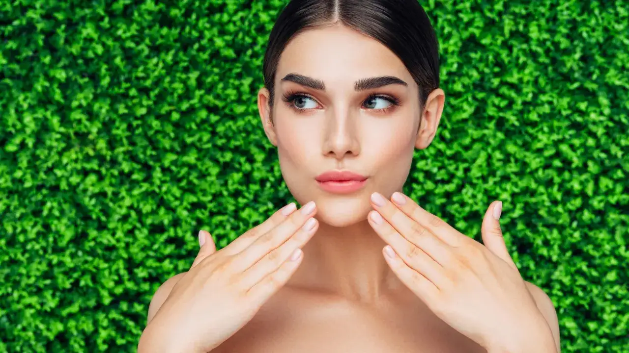 Una donna con mani sul viso, circondata da uno sfondo verde vibrante, incarna il neo della bellezza naturale.