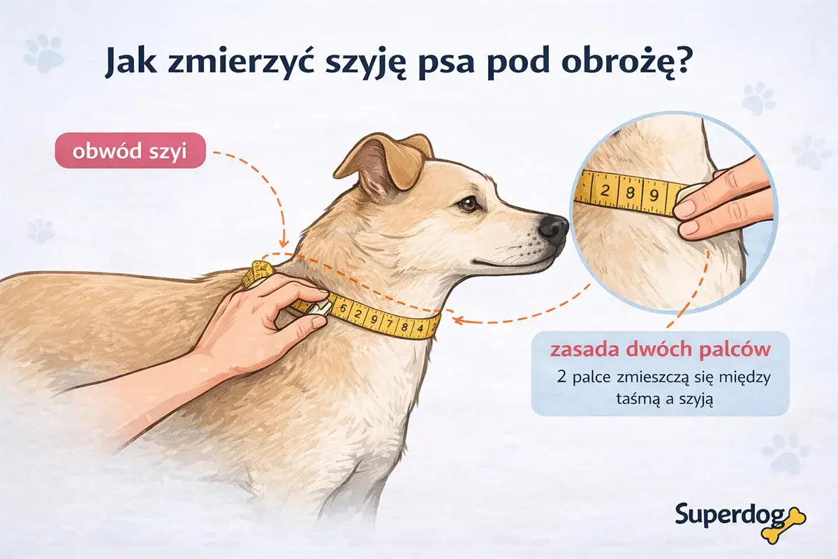 Jak dobrać obrożę dla szczeniaka? Zmierz obwód szyi psa, pamiętając o zasadzie dwóch palców.