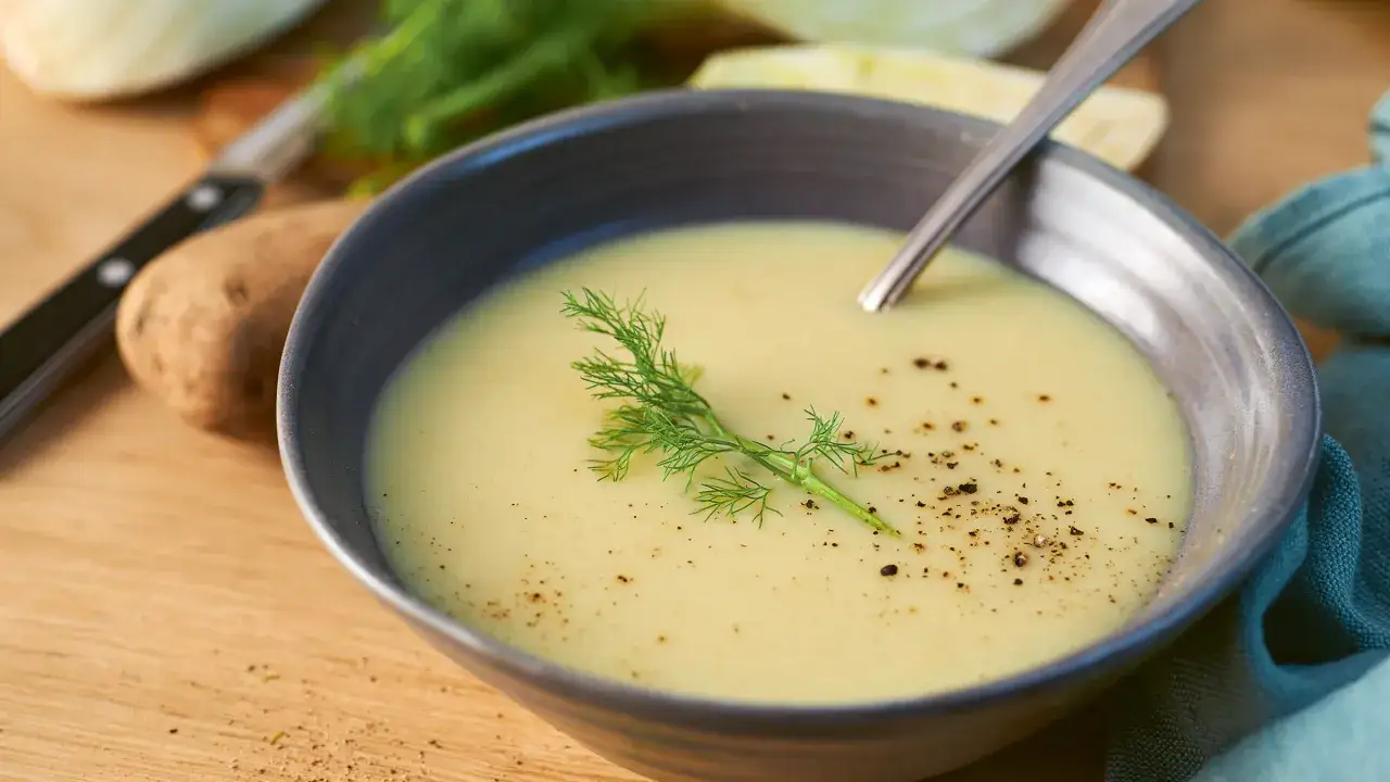 Cremige Fenchelsuppe mit Dill und Pfeffer, ein k&ouml;stliches Rezept f&uuml;r kalte Tage. Zutaten wie Kartoffeln und Fenchel sind sichtbar.