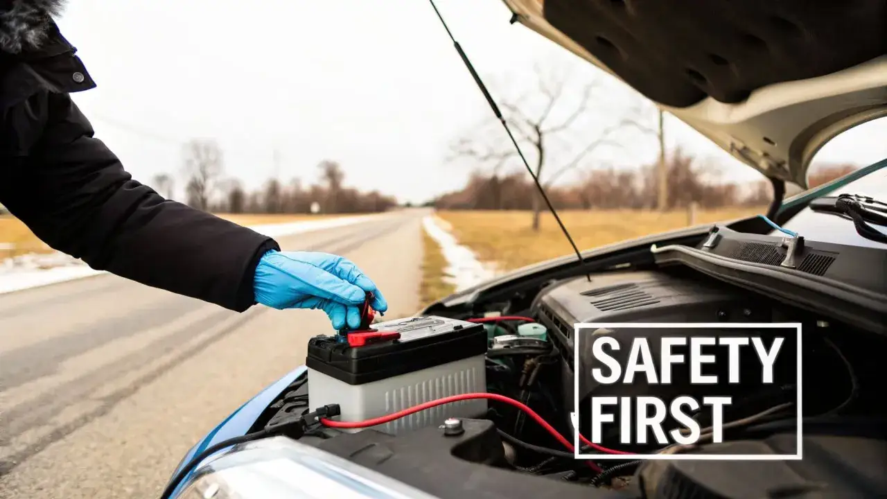 A person in blue gloves connects jumper cables to a car battery. The hood is open, and the road stretches ahead. This image prompts the question: how long does it take to charge a car battery?